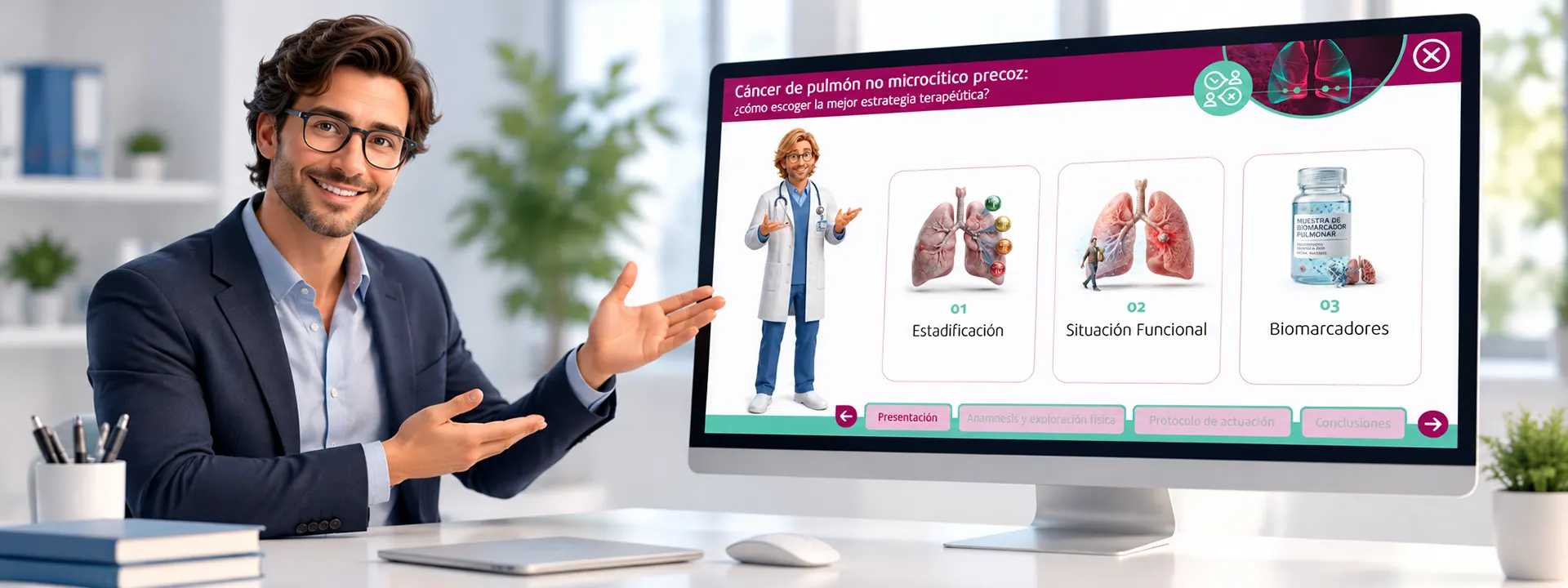 Presentación médica sobre cáncer pulmonar precoz Profesional presentando un caso clínico interactivo sobre cáncer de pulmón en un monitor, ejemplo de formación eLearning para laboratorios farmacéuticos.