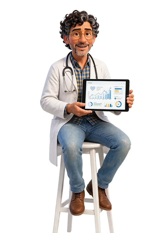 elearning_pixar_pose_05_blanco copia Pwersonaje 3D con una tablet representa un médico
